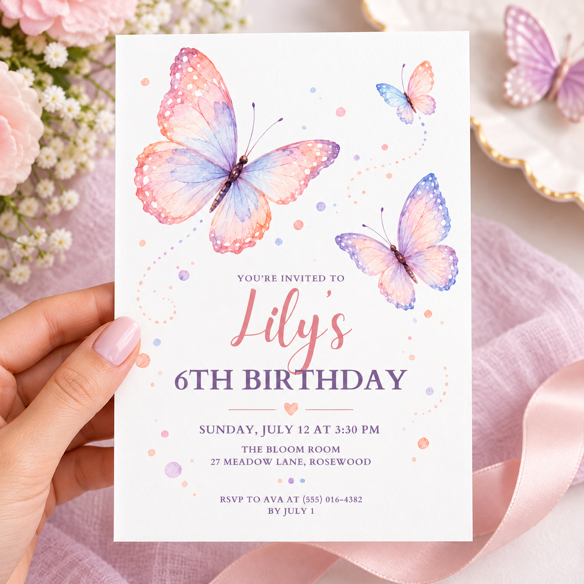 Hand holding a pink and purple watercolor butterfly birthday invitation