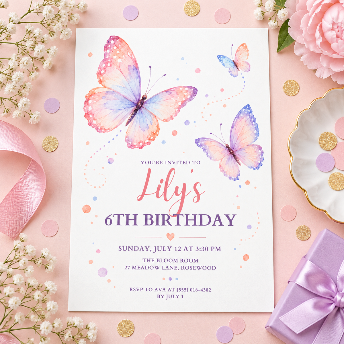Watercolor butterfly invitation on pink fabric with confetti and baby's breath