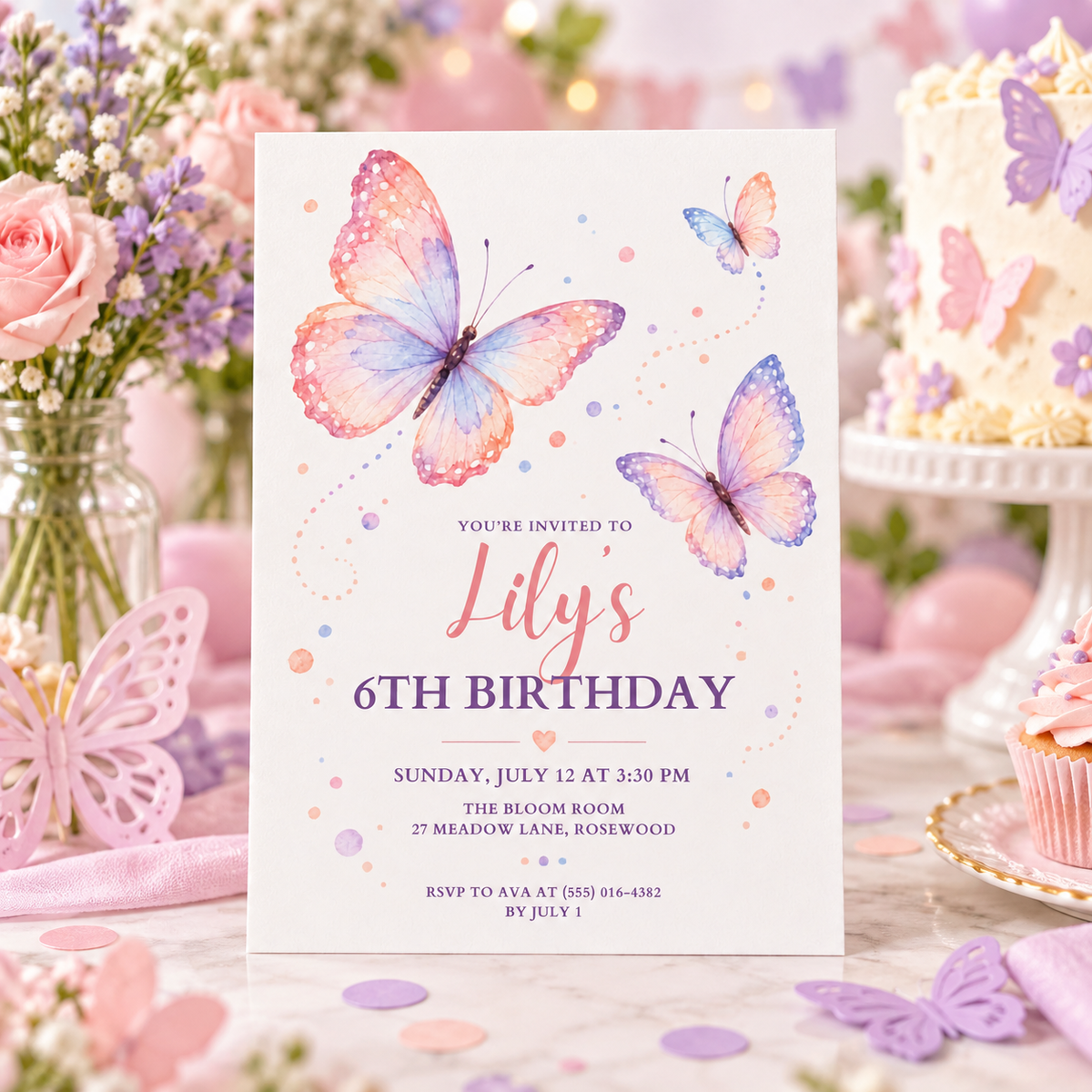 Pink butterfly birthday invitation on a party table with cake and flowers