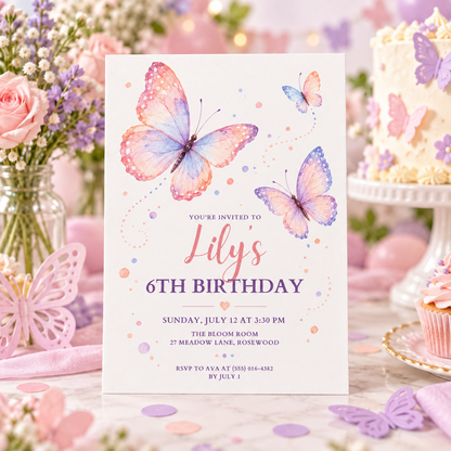 Pink butterfly birthday invitation on a party table with cake and flowers