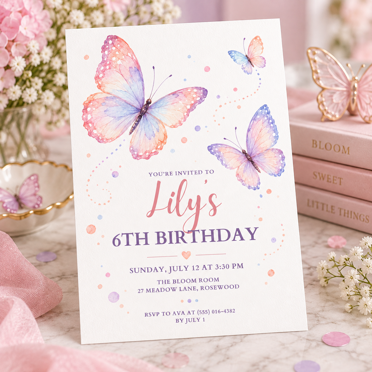 Purple butterfly invitation angled on a table with books and pink ribbon