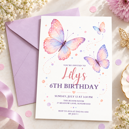 Watercolor butterfly invitation on a lilac envelope with baby's breath