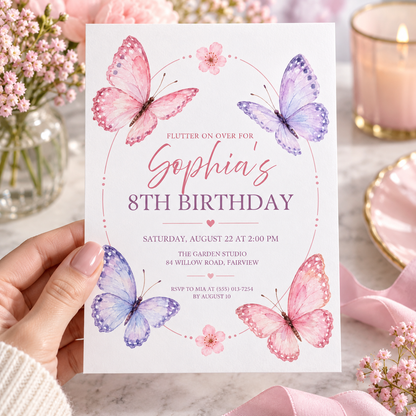Hand holding a pink and lilac butterfly birthday invitation with an oval frame