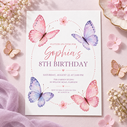 Flutter on over invitation on lavender fabric with baby's breath
