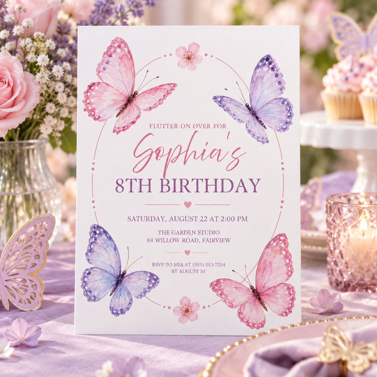 Butterfly birthday invitation on a party table with pink flowers and a candle