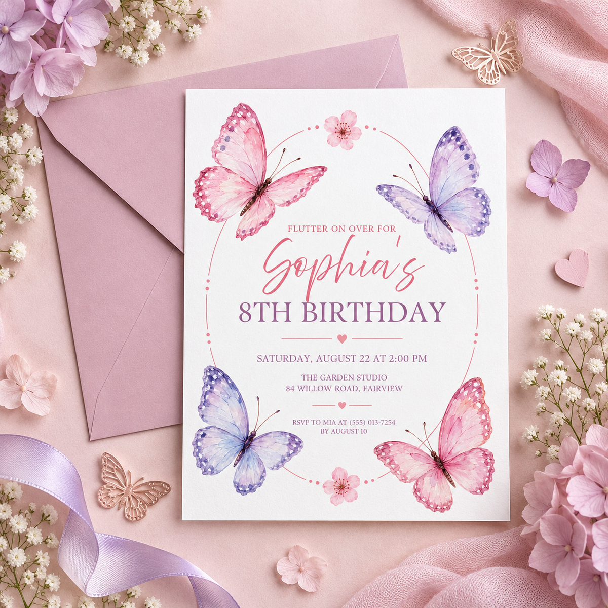 Pink and lilac butterfly invitation resting on a pink envelope with flowers