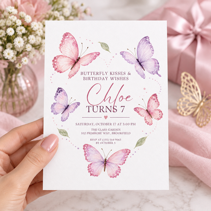 Hand holding a butterfly kisses birthday invitation with butterflies in a heart shape