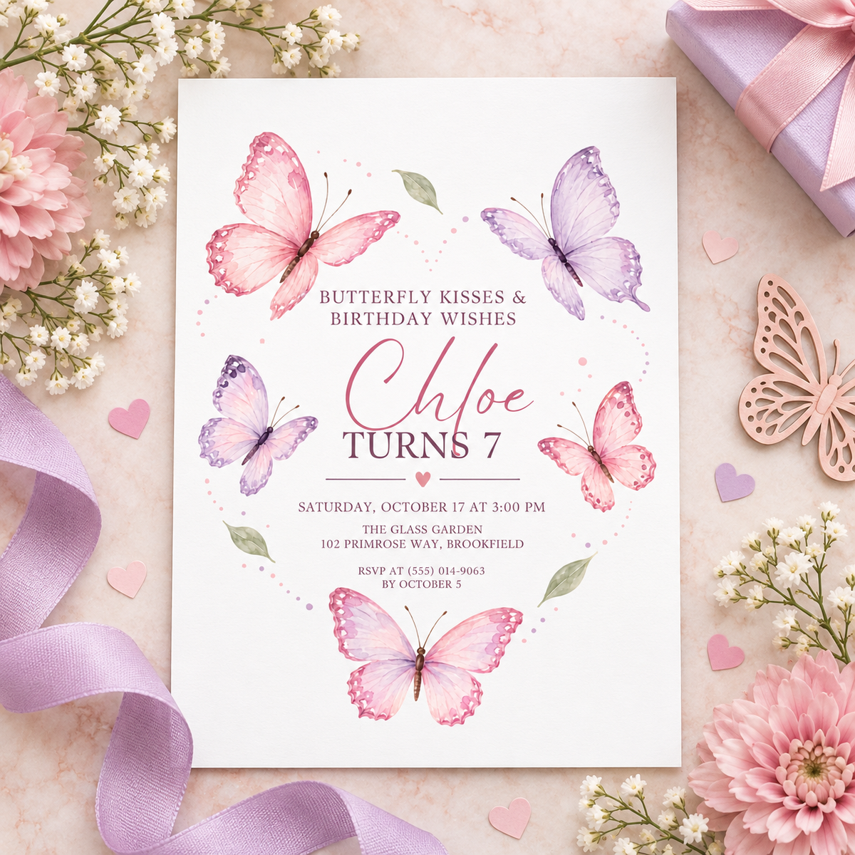 Butterfly heart birthday invitation on pink fabric with lilac ribbon and flowers