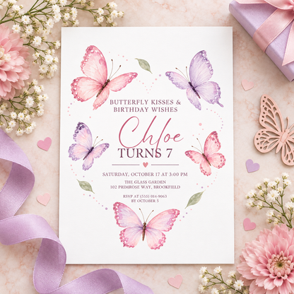 Butterfly heart birthday invitation on pink fabric with lilac ribbon and flowers