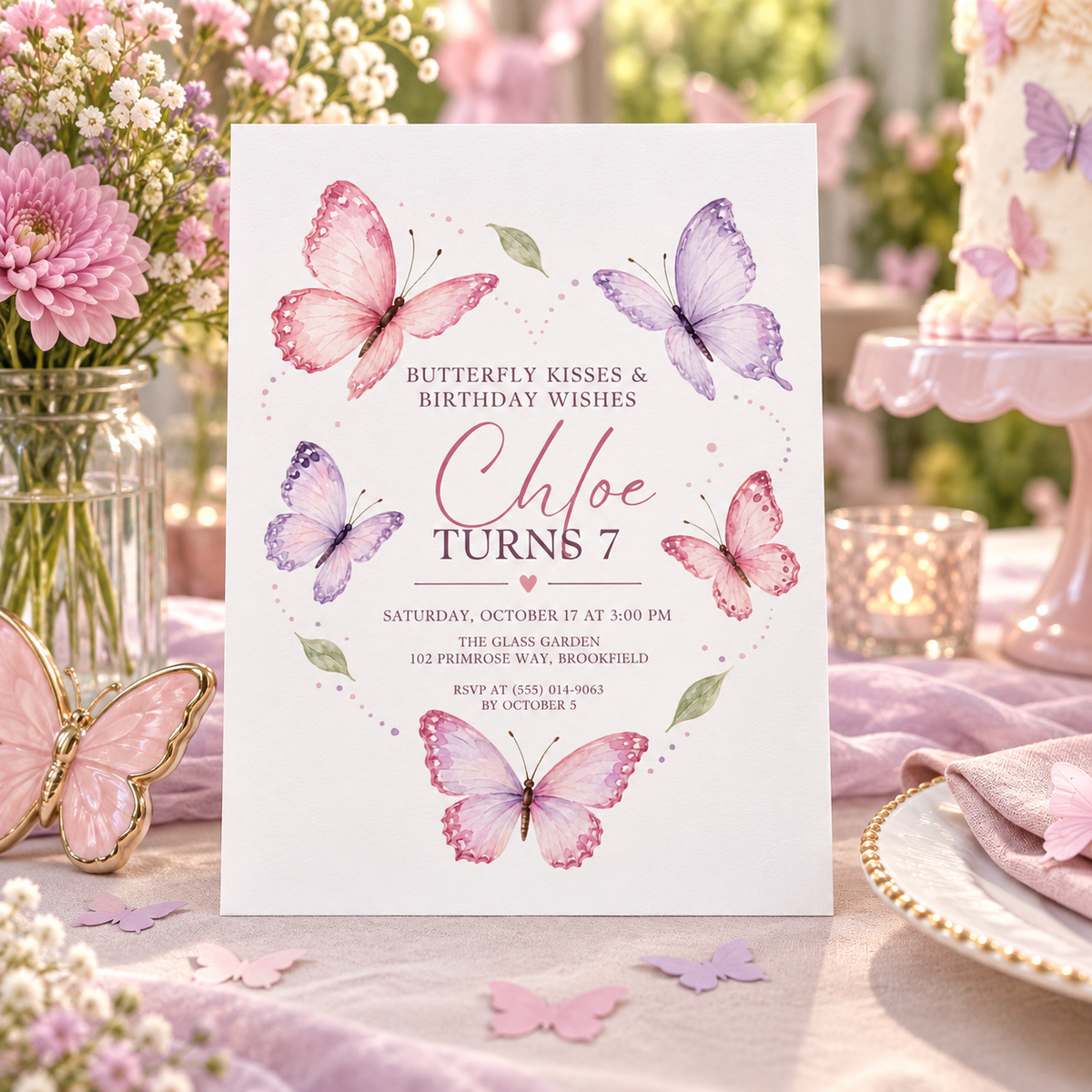 Pink butterfly birthday invitation on a party table with pink dahlias