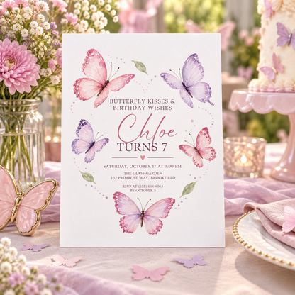 Pink butterfly birthday invitation on a party table with pink dahlias