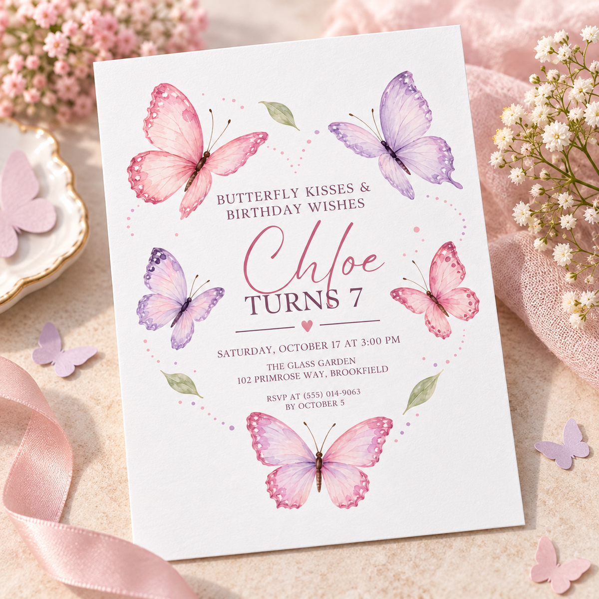 Butterfly kisses invitation angled on blush silk with paper butterflies