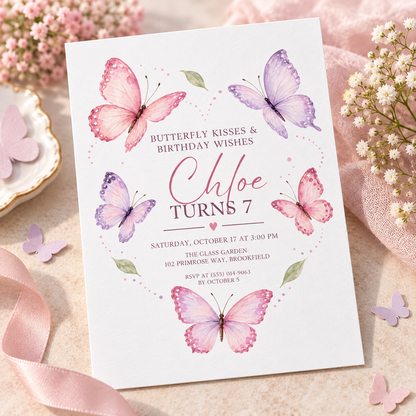 Butterfly kisses invitation angled on blush silk with paper butterflies