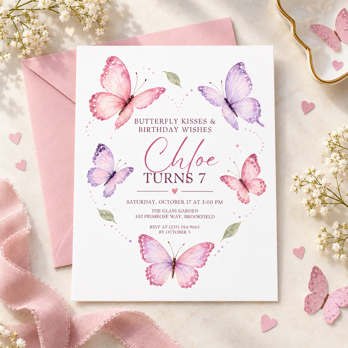 Pink and lavender butterfly invitation on a pink envelope with gold butterflies