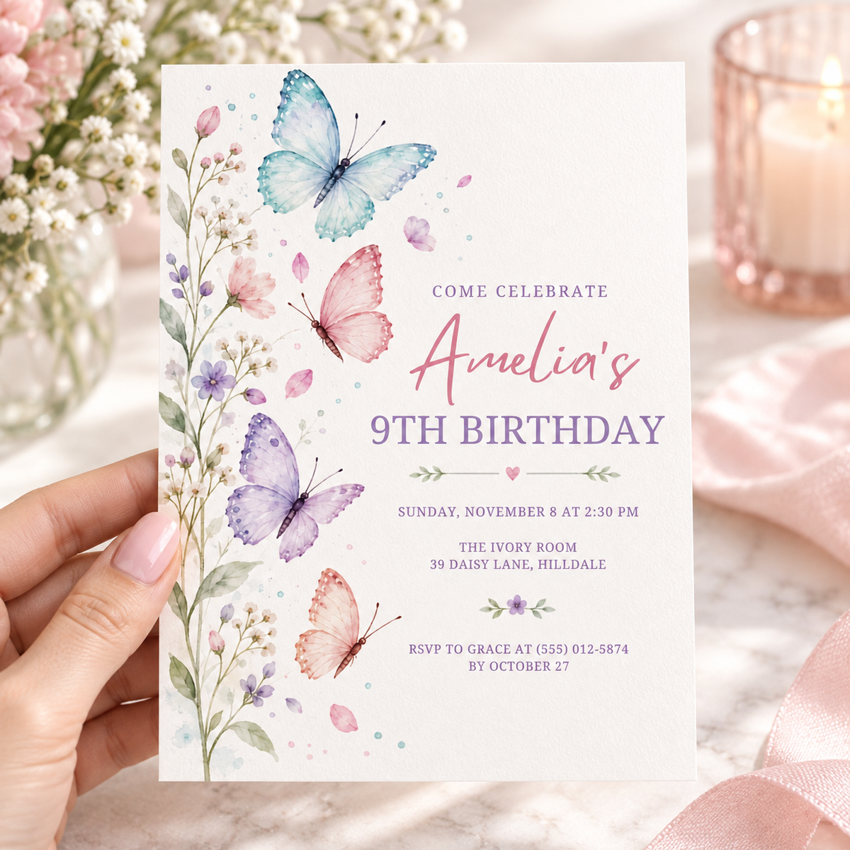 Hand holding a wildflower butterfly birthday invitation with watercolor flowers
