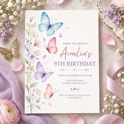 Wildflower butterfly invitation on lavender fabric with baby's breath and butterflies
