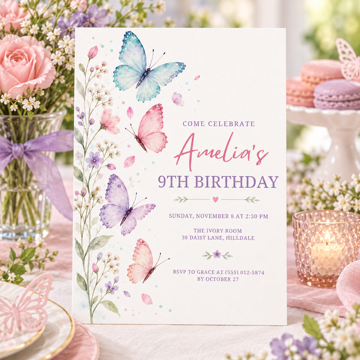 Butterfly birthday invitation on a party table with roses and a lilac ribbon