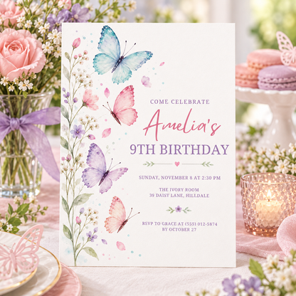 Butterfly birthday invitation on a party table with roses and a lilac ribbon