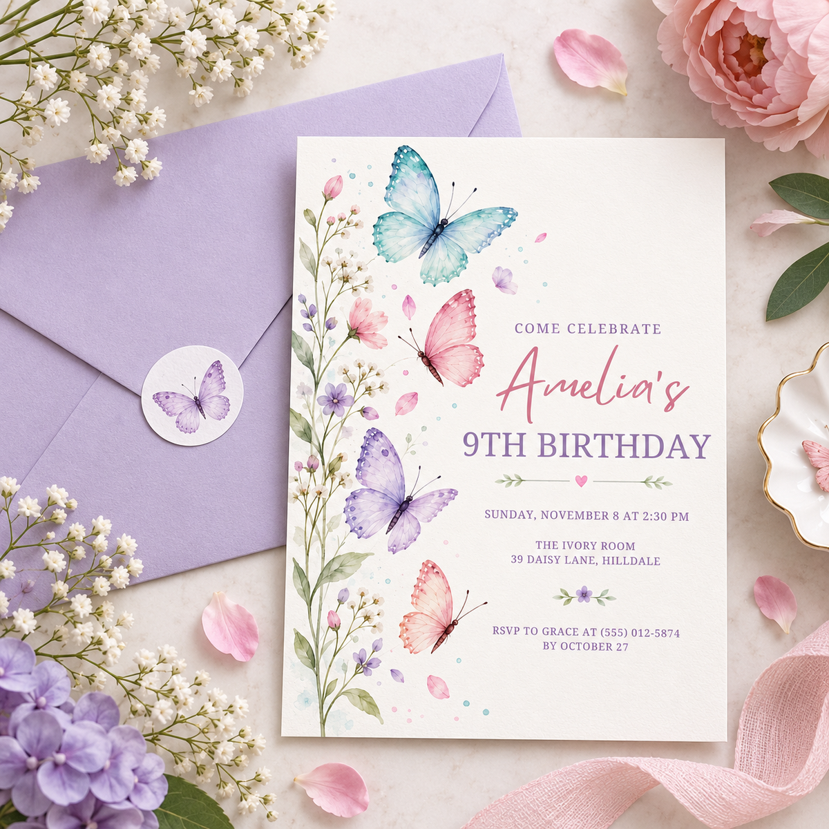 Wildflower butterfly invitation on a lilac envelope with a butterfly seal