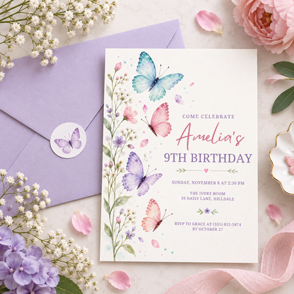 Wildflower butterfly invitation on a lilac envelope with a butterfly seal