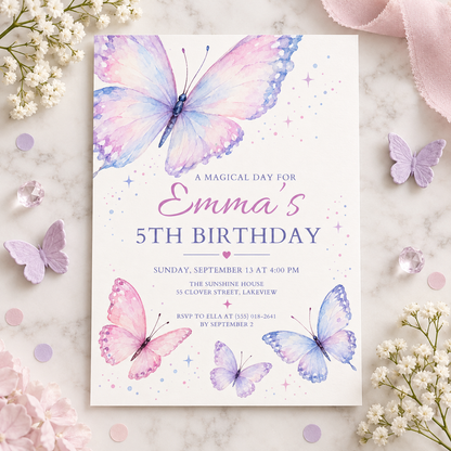 Lavender butterfly birthday invitation on pink fabric with baby's breath