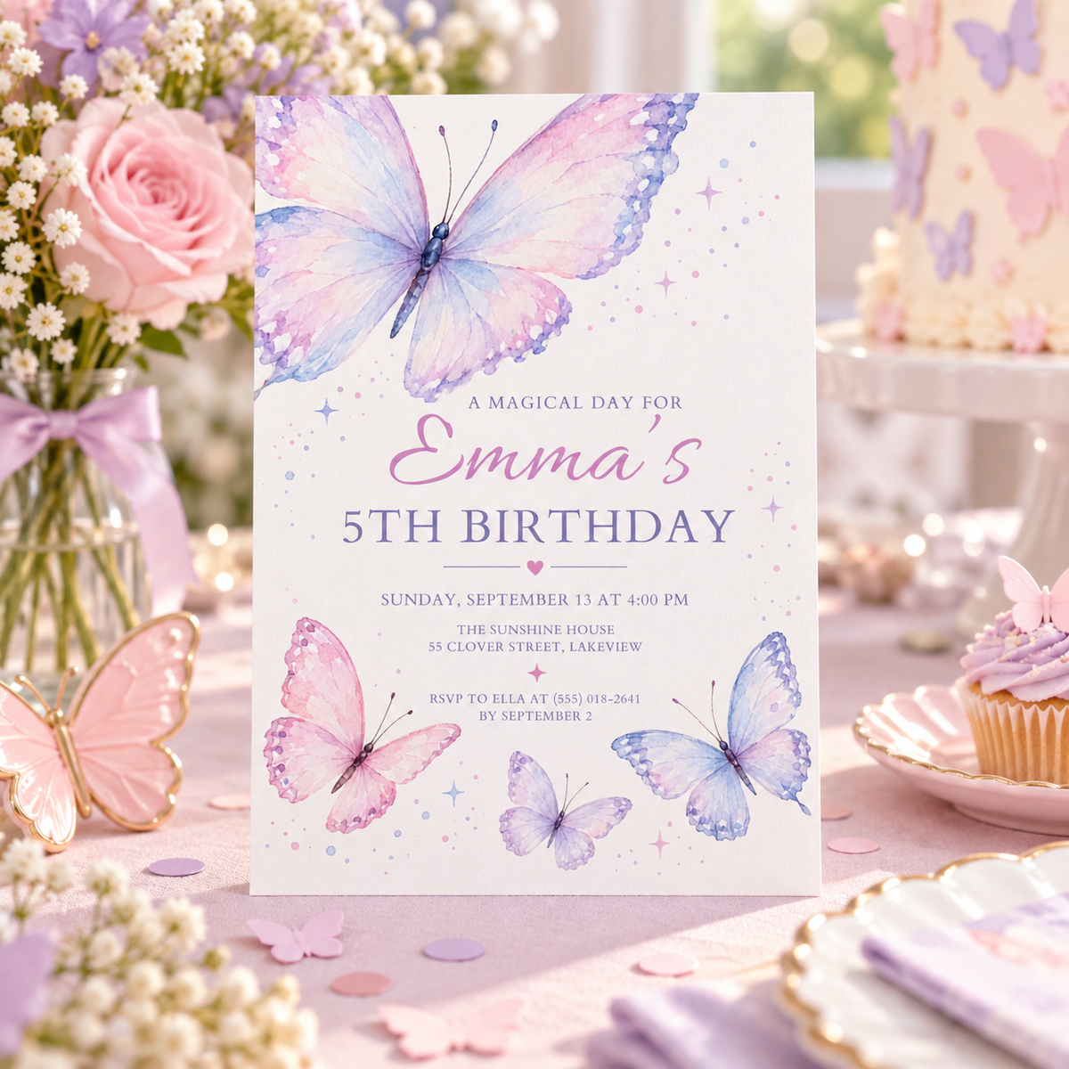 Pastel butterfly invitation on a party table with pink roses and cupcakes
