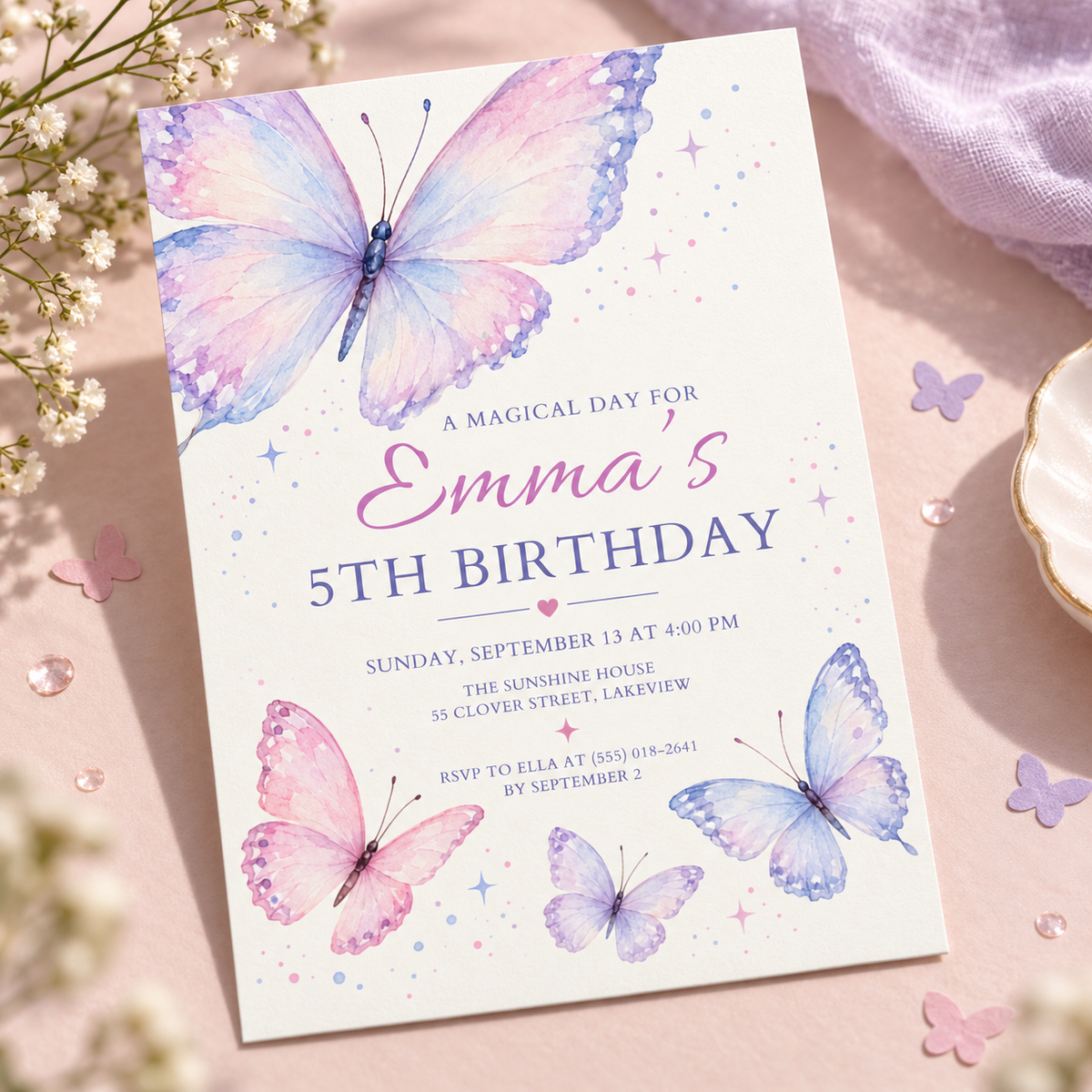 Magical butterfly birthday invitation angled on lilac silk with flowers