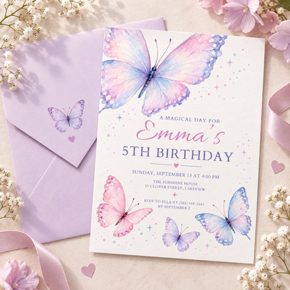 Lavender butterfly invitation on a lilac envelope with paper butterflies