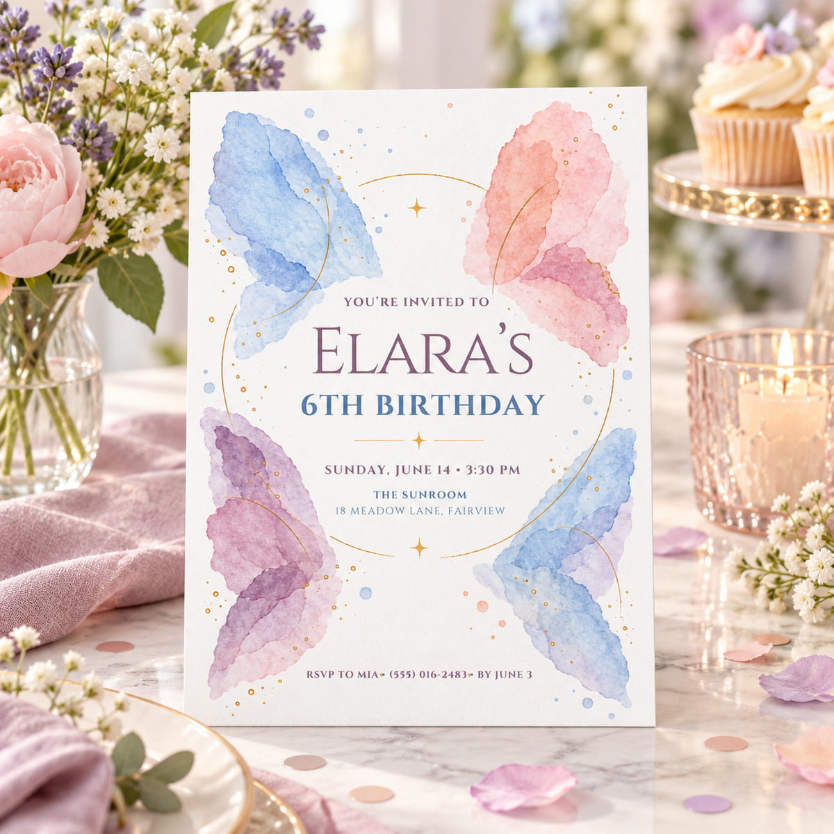Blue and blush butterfly invitation on a party table with cupcakes and flowers