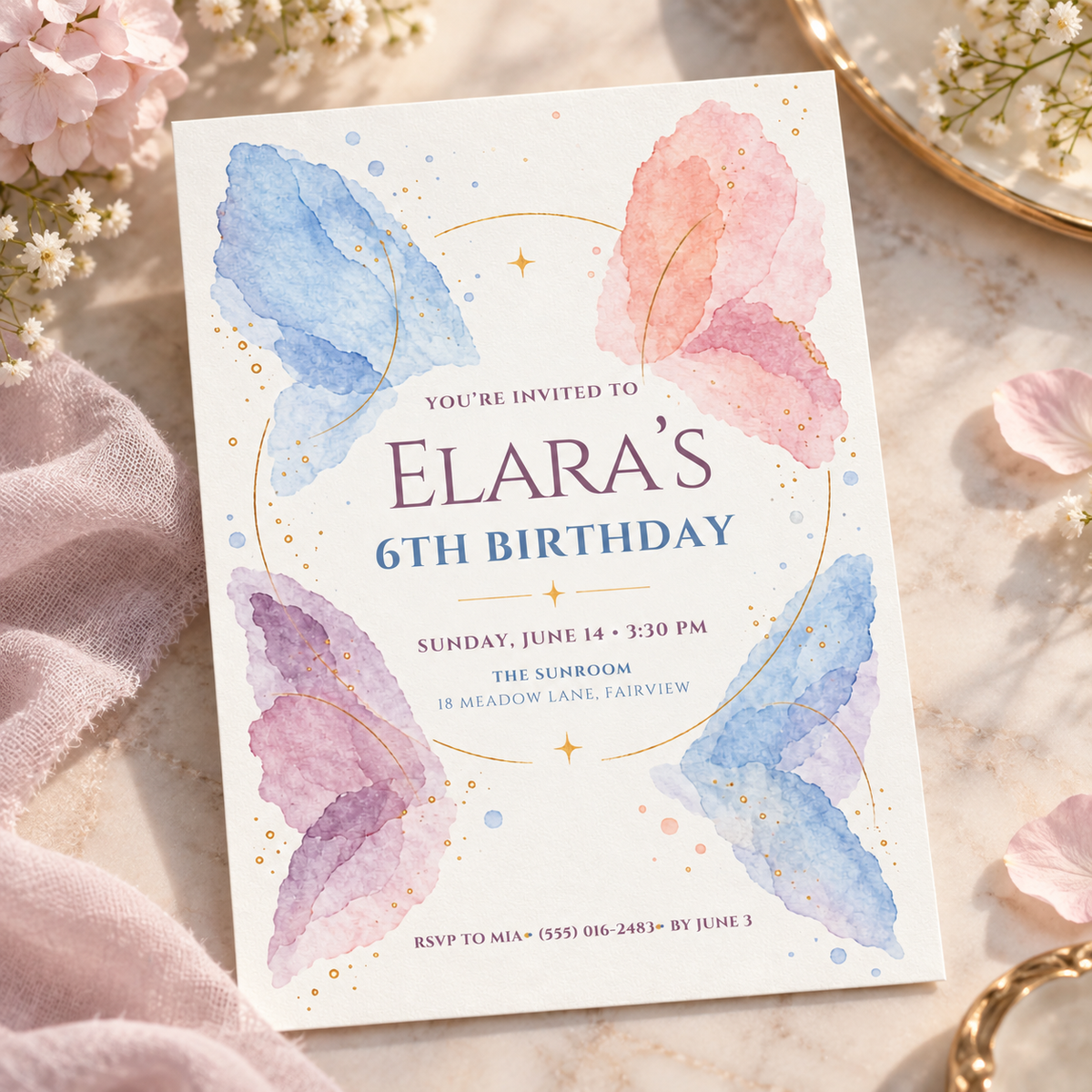 Watercolor butterfly wings invitation angled on pink silk with gold butterflies
