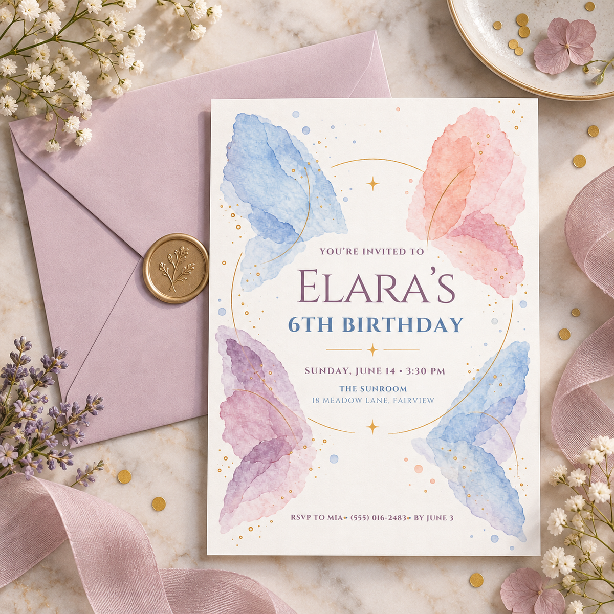 Butterfly birthday invitation on a lilac envelope with a gold wax seal