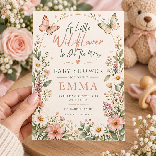 Hand holding a Little Wildflower baby shower invitation with pink flowers and butterflies