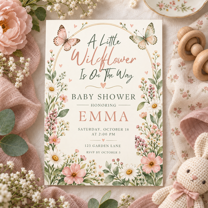 Wildflower baby shower invitation on a pink cloth beside a teddy bear and roses