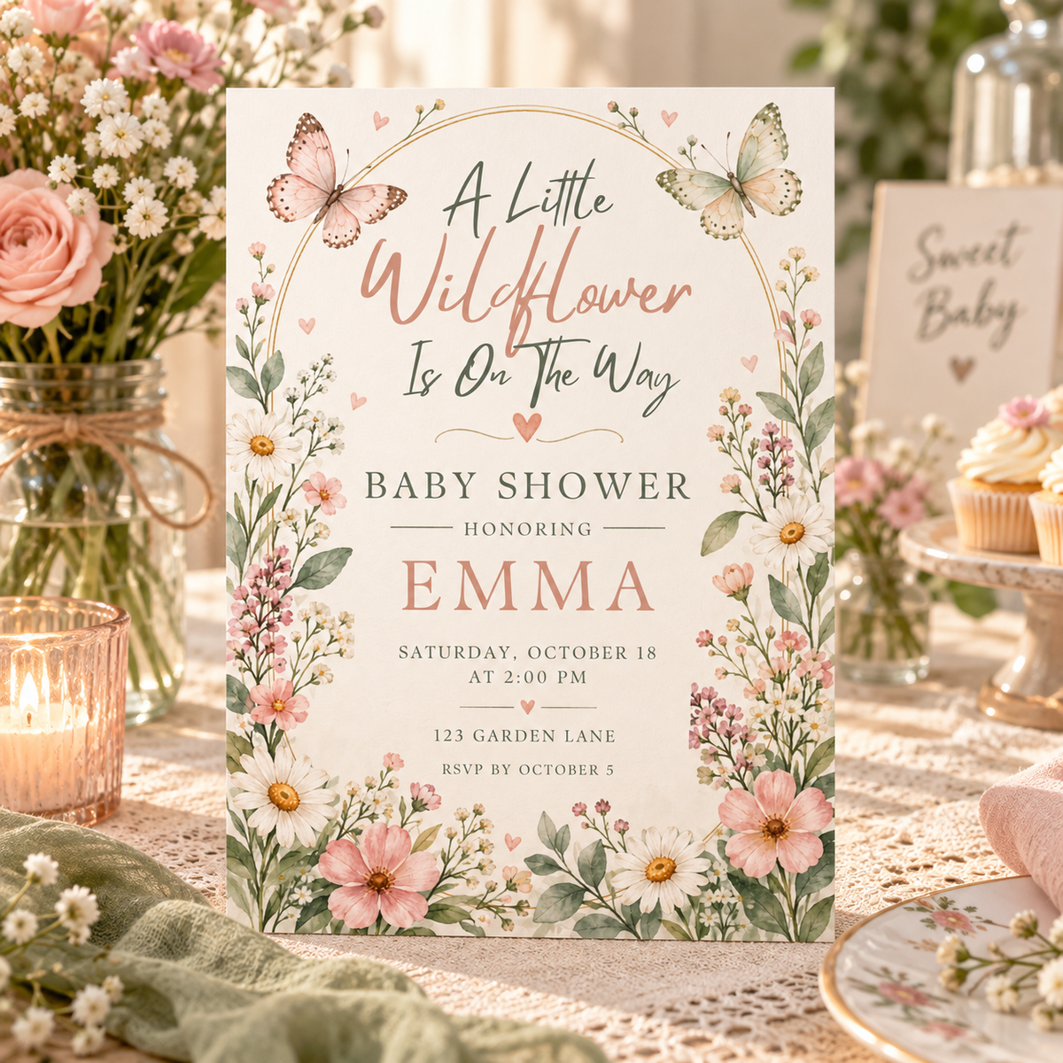 Pink floral baby shower invitation on a table with flowers and a small sign