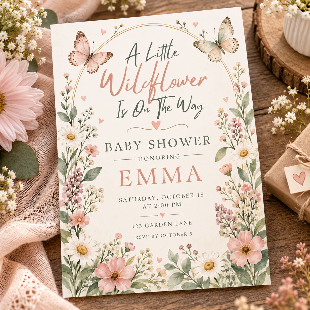 Little Wildflower invitation laid on blush fabric with wooden toys
