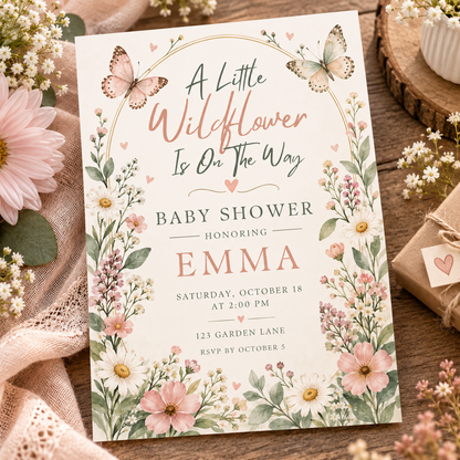 Little Wildflower invitation laid on blush fabric with wooden toys