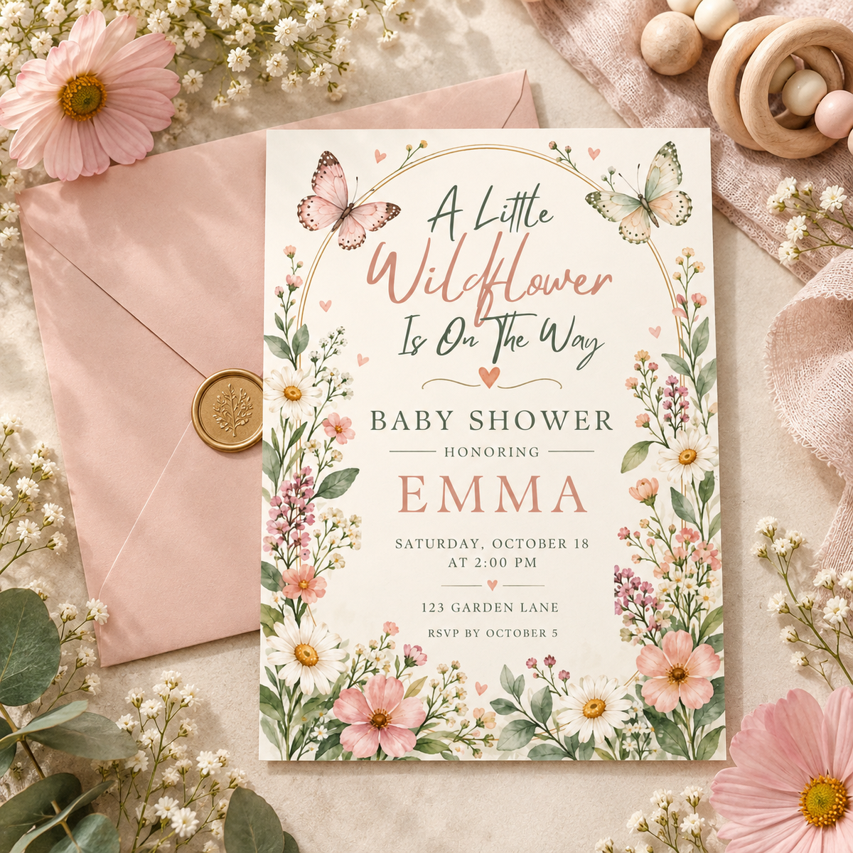 Wildflower baby shower invitation on a pink envelope with a wax seal and flowers