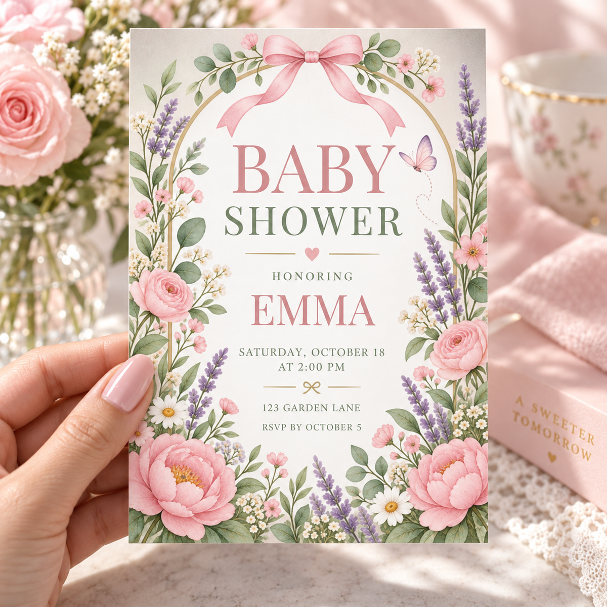 Hand holding a pink floral baby shower invitation with peonies, lavender and a bow
