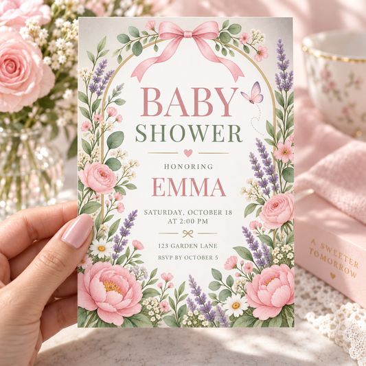 Hand holding a pink floral baby shower invitation with peonies, lavender and a bow