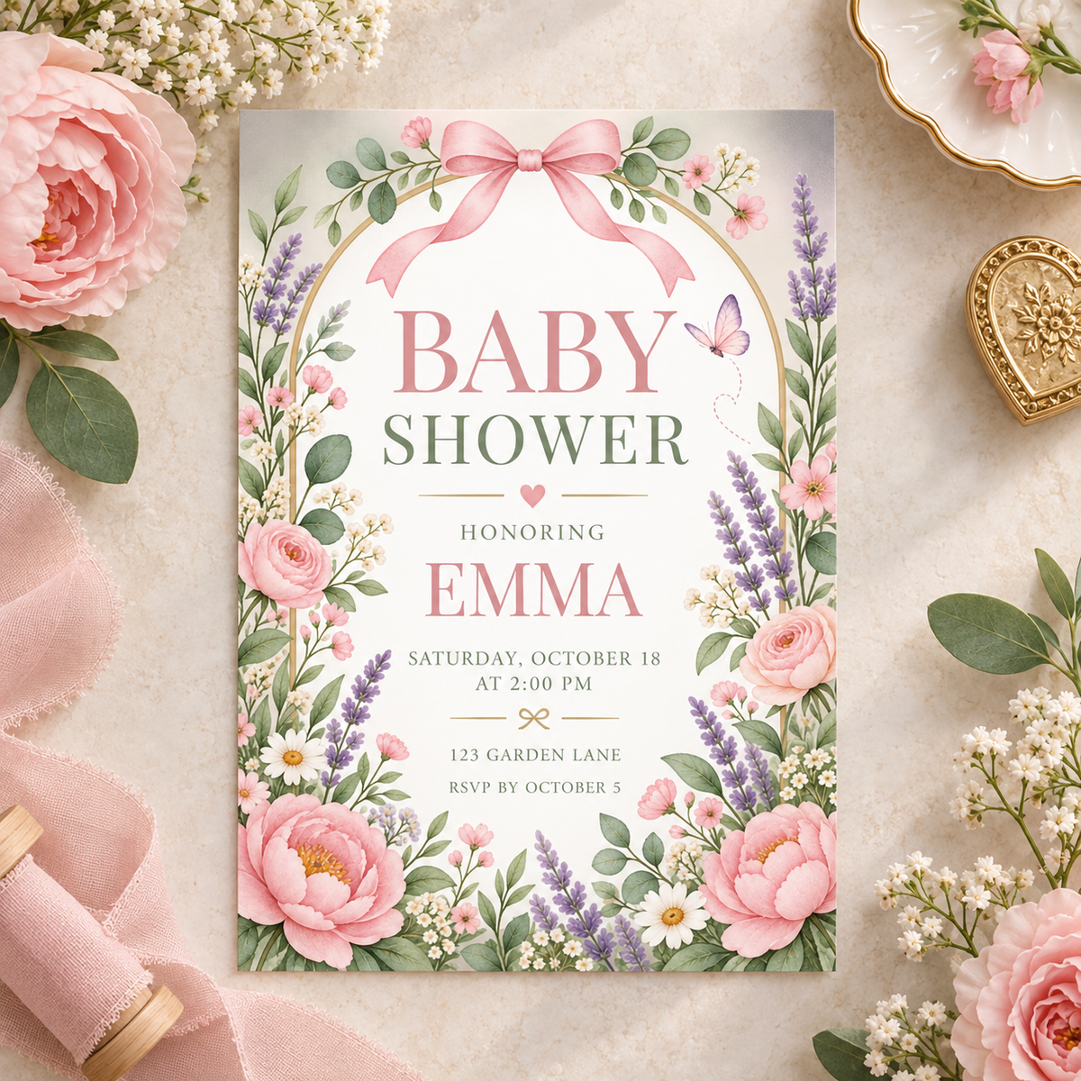 Pink floral baby shower invitation on pink fabric beside roses and a teacup