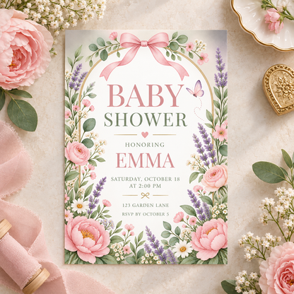 Pink floral baby shower invitation on pink fabric beside roses and a teacup