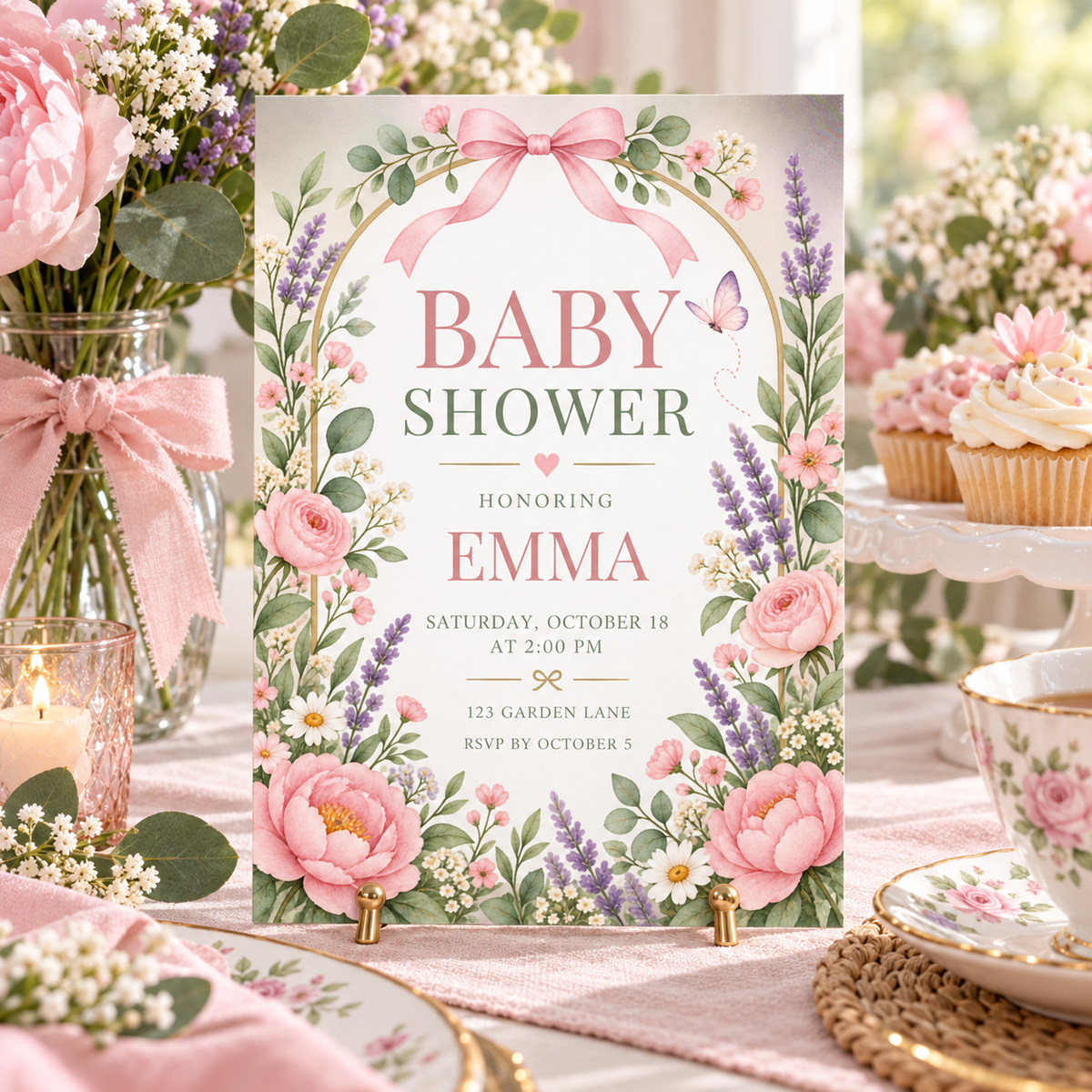 Peony baby shower invitation on a table with pink roses, ribbon and cupcakes