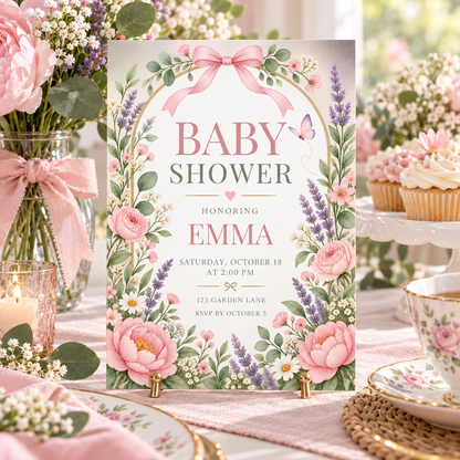 Peony baby shower invitation on a table with pink roses, ribbon and cupcakes