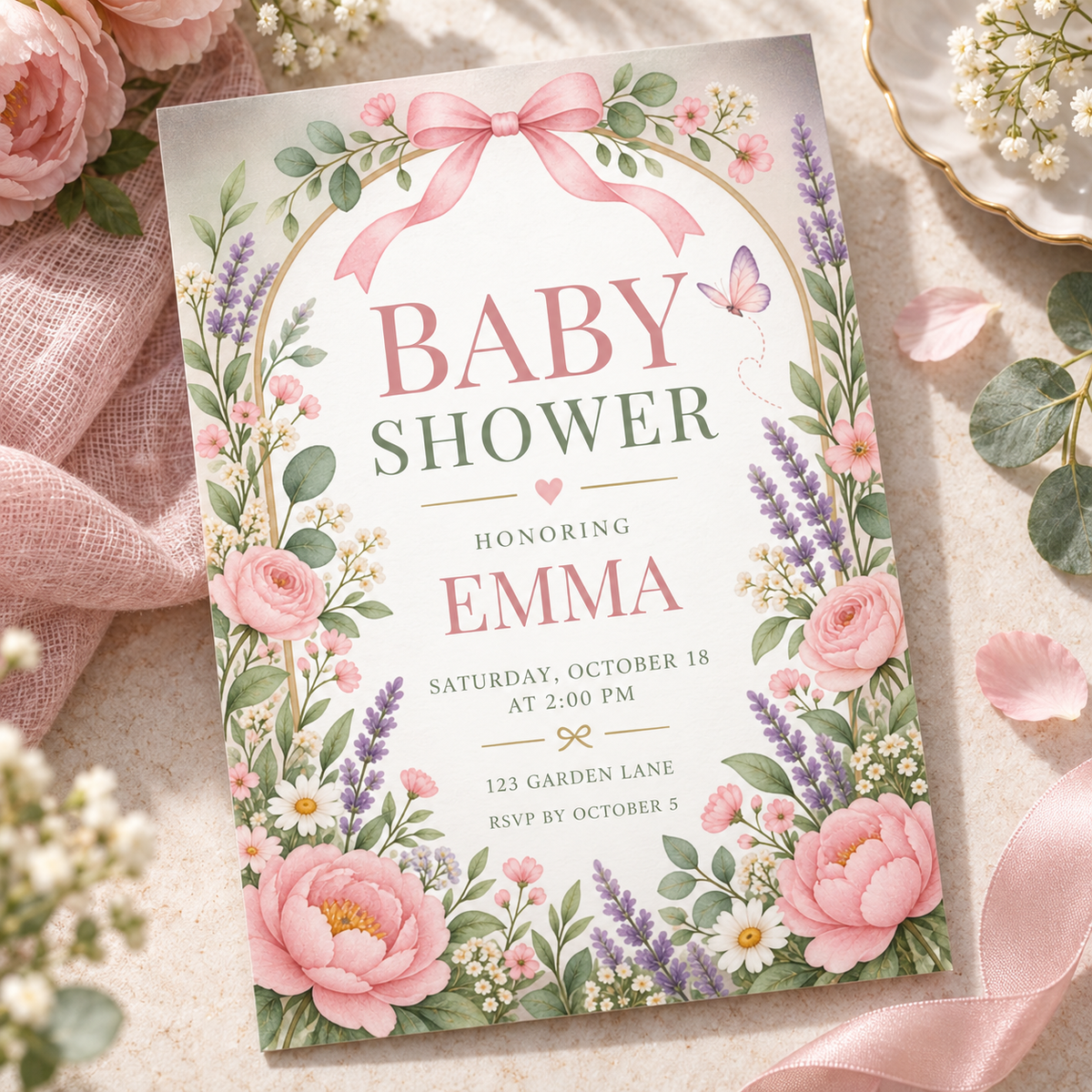 Pink and lavender baby shower invitation laid on blush linen with flowers