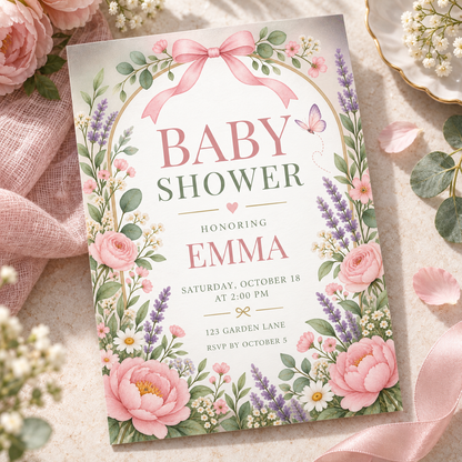 Pink and lavender baby shower invitation laid on blush linen with flowers