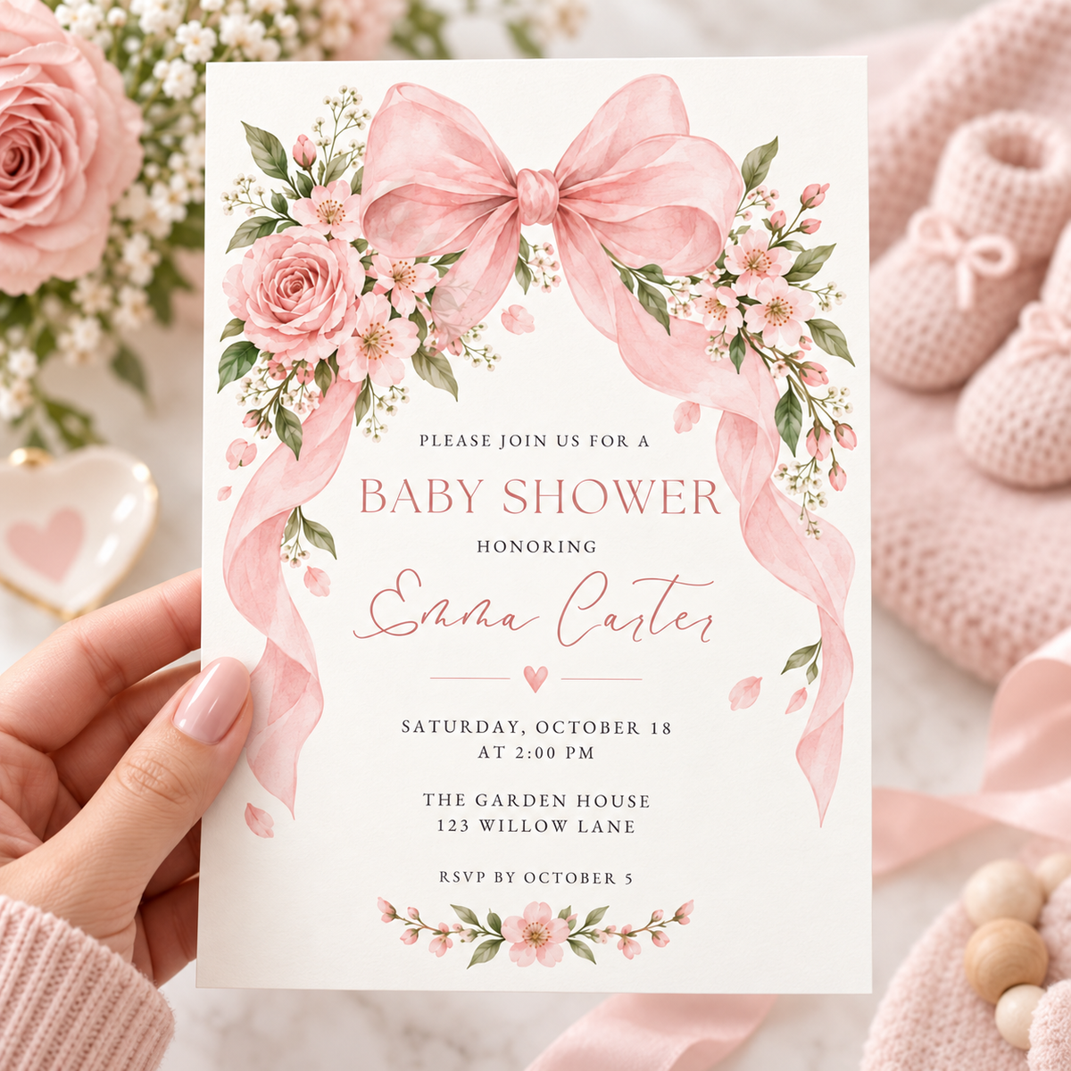 Pink bow baby shower invitation held in a hand beside pink knit booties