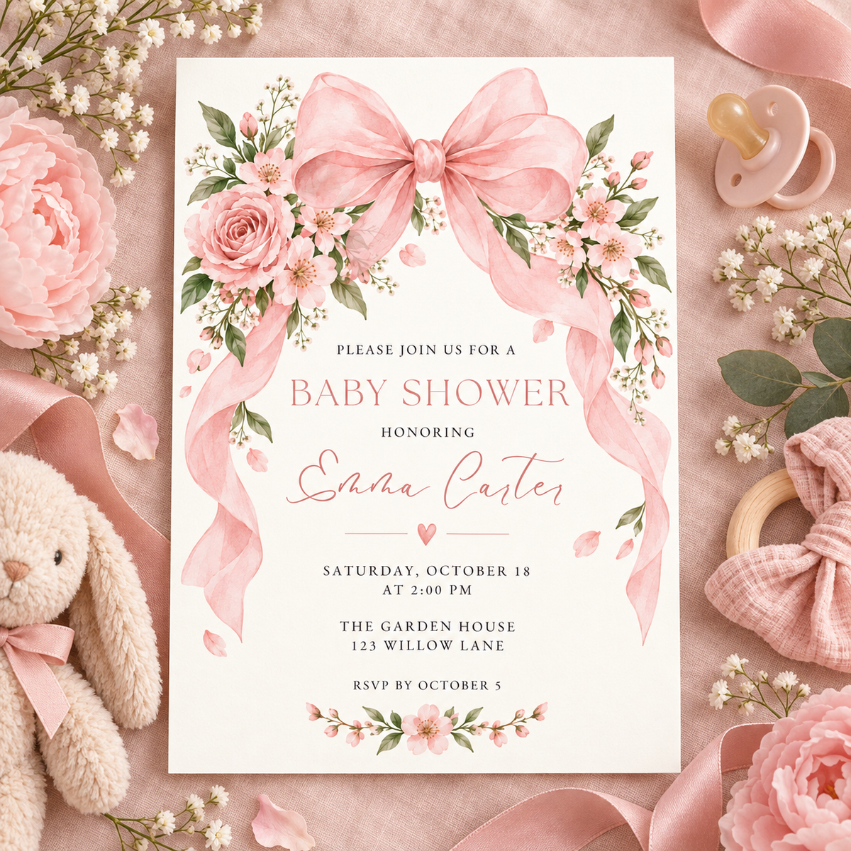 Blush rose and ribbon baby shower card on pink linen with a bunny