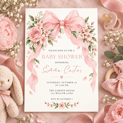 Blush rose and ribbon baby shower card on pink linen with a bunny