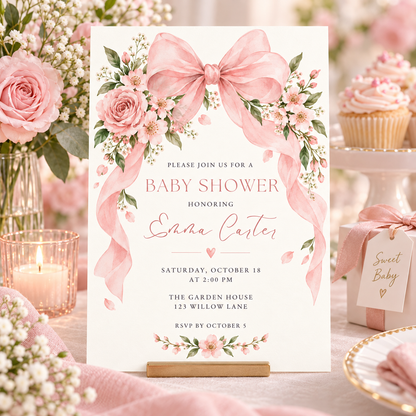 Pink bow baby shower invitation in a table scene with cupcakes and a tag