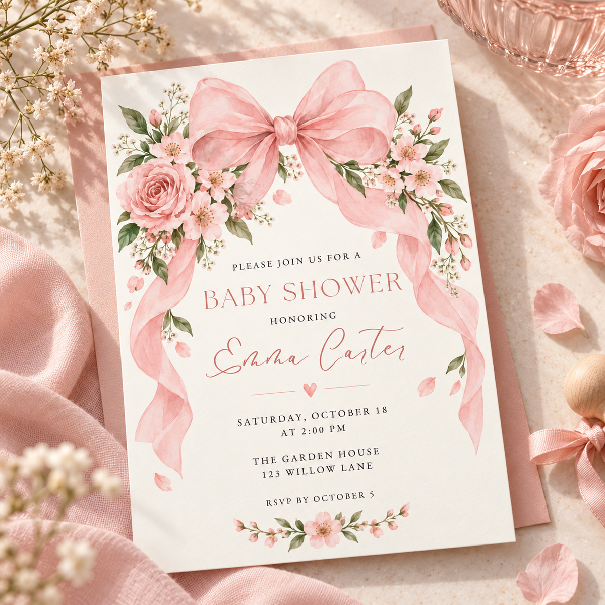 Angled pink ribbon baby shower invitation on a blush cloth with roses